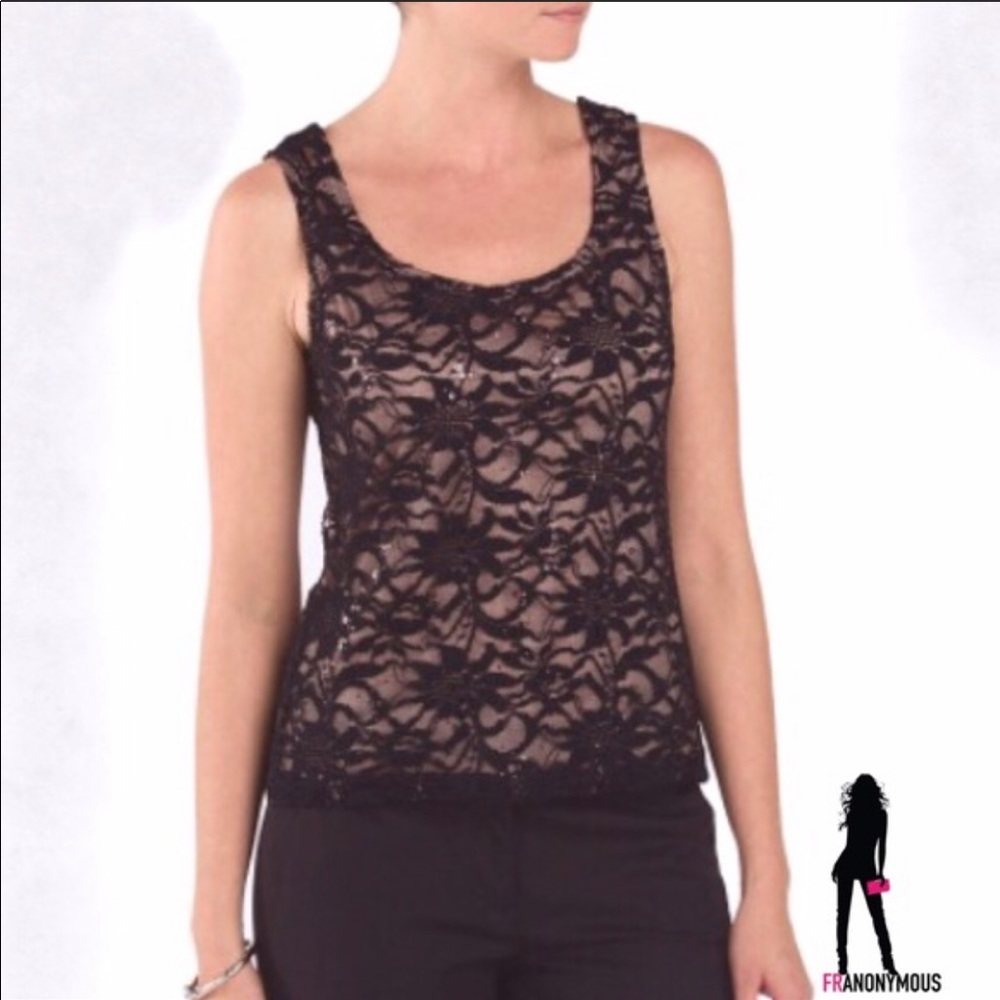 Sequin Embellished Black Lace Sleeveless Top
